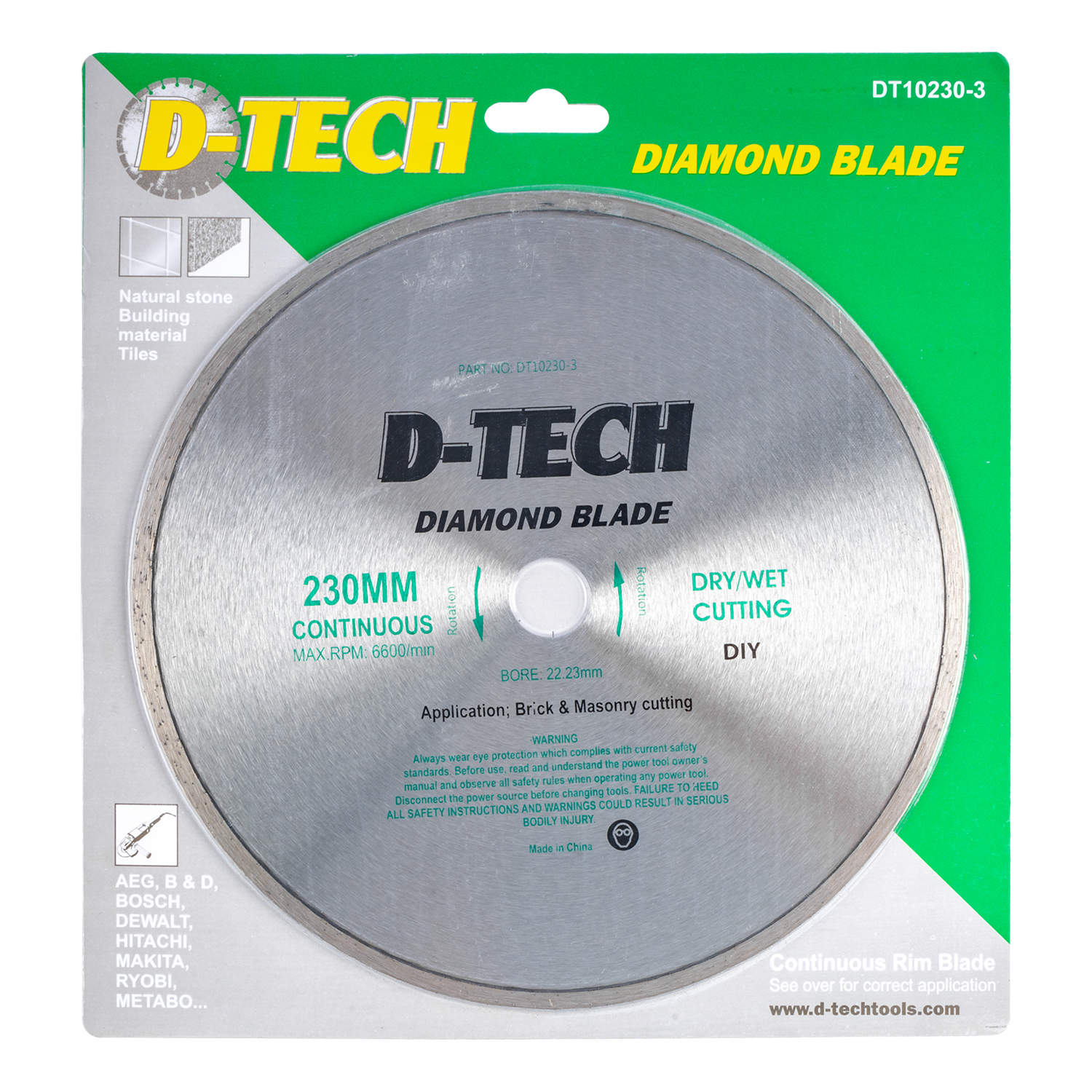 D-Tech Diamond Blade Continuous Rim Dim Size Ceramic/Porcelain