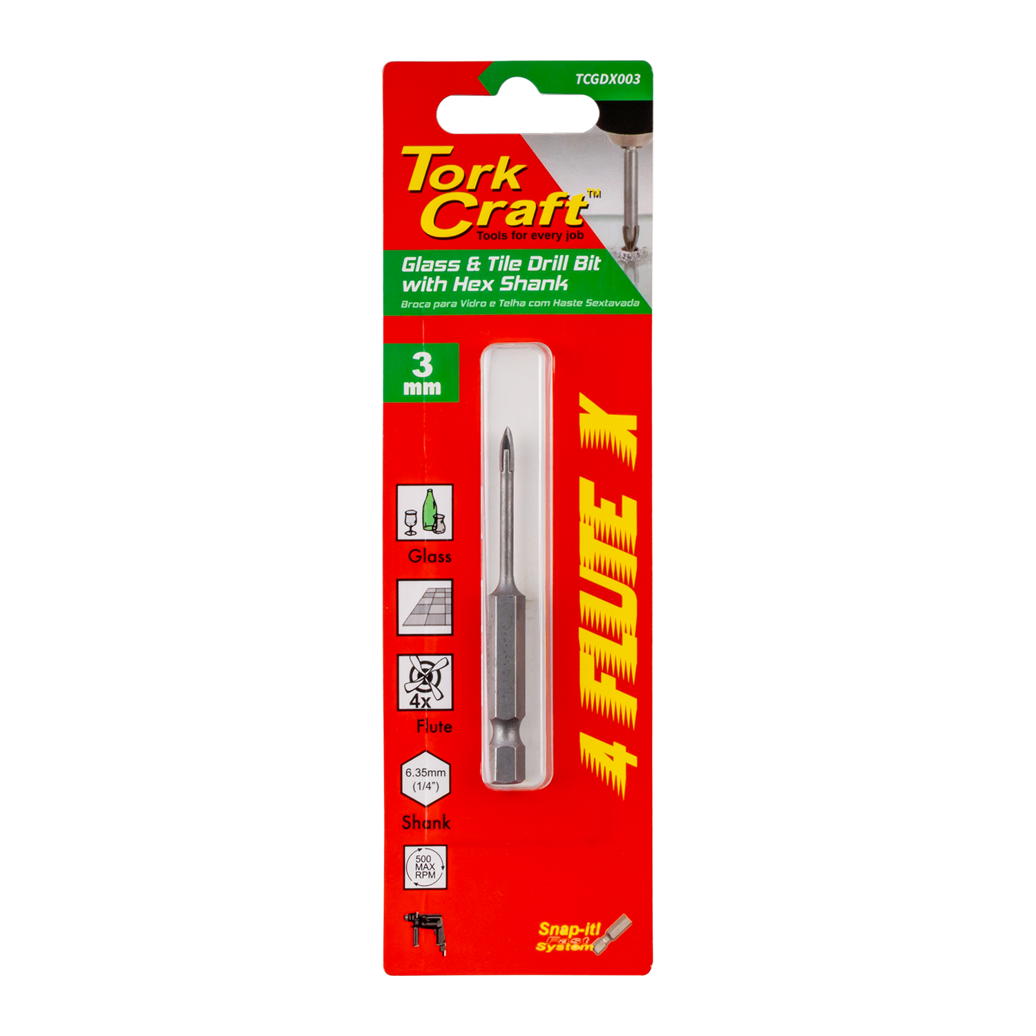 GLASS & TILE DRILL 4 FLUTE WITH HEX SHANK