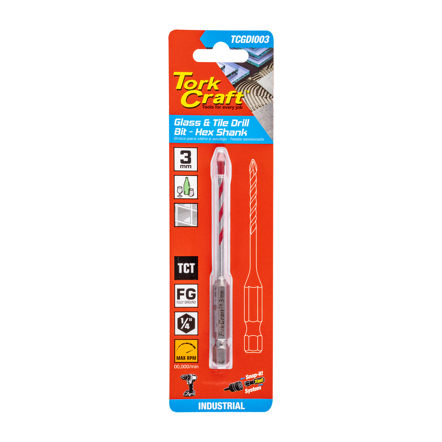 GLASS & TILE DRILL HEX SHANK INDUSTRIAL
