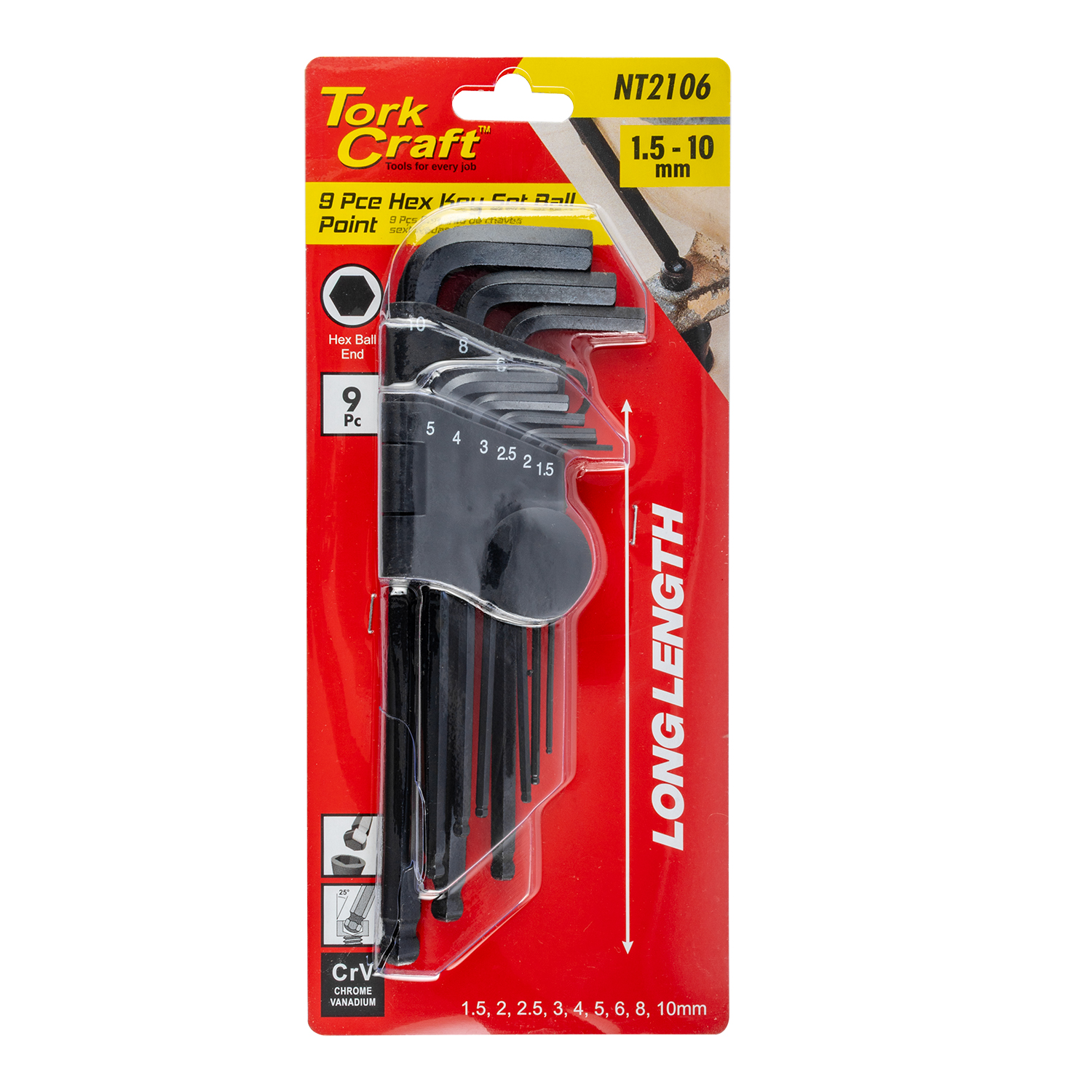 Tork Craft Hex Key Set Pack Ball Point Num Size Carded Cr-V