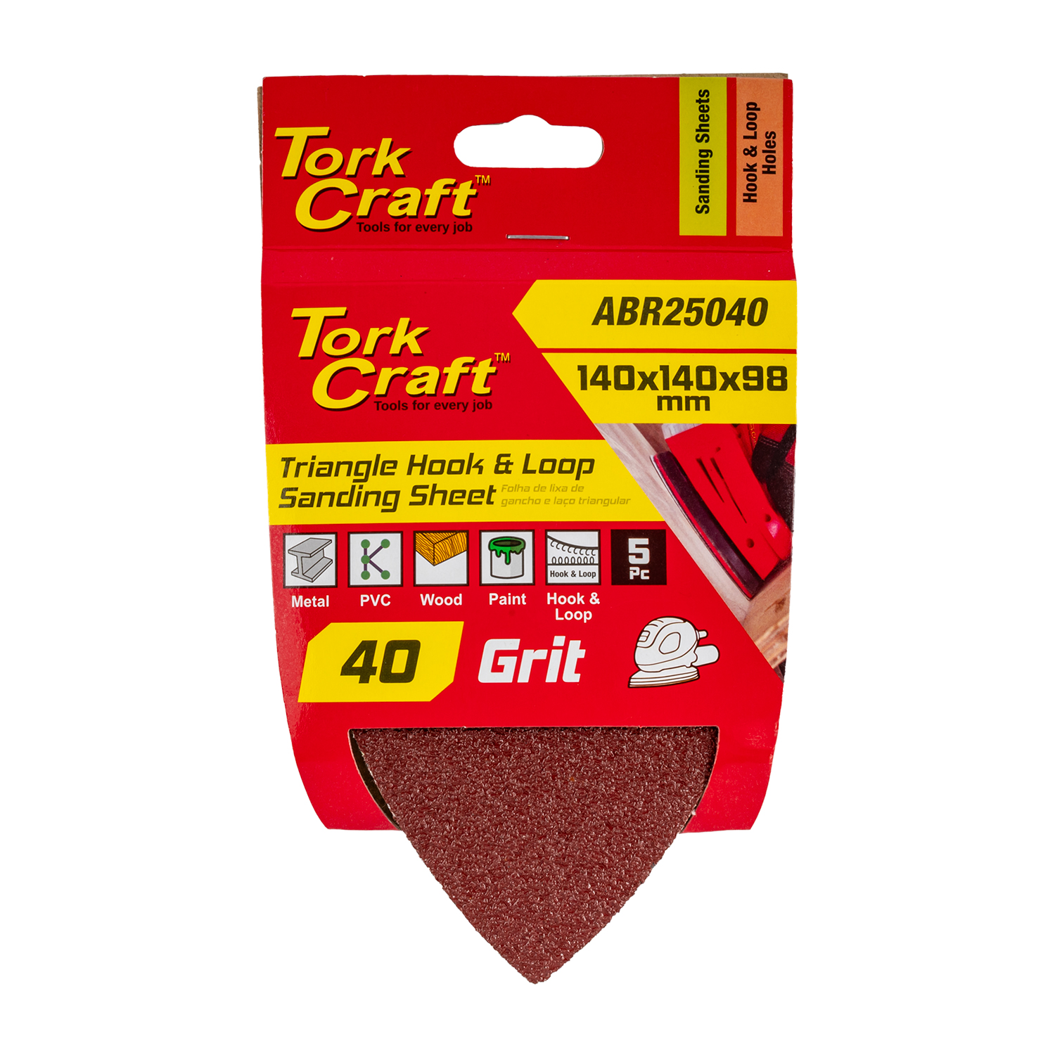 Sanding Triangle Grit 140 X 98mm 5/Pack W/H Hook And Loop