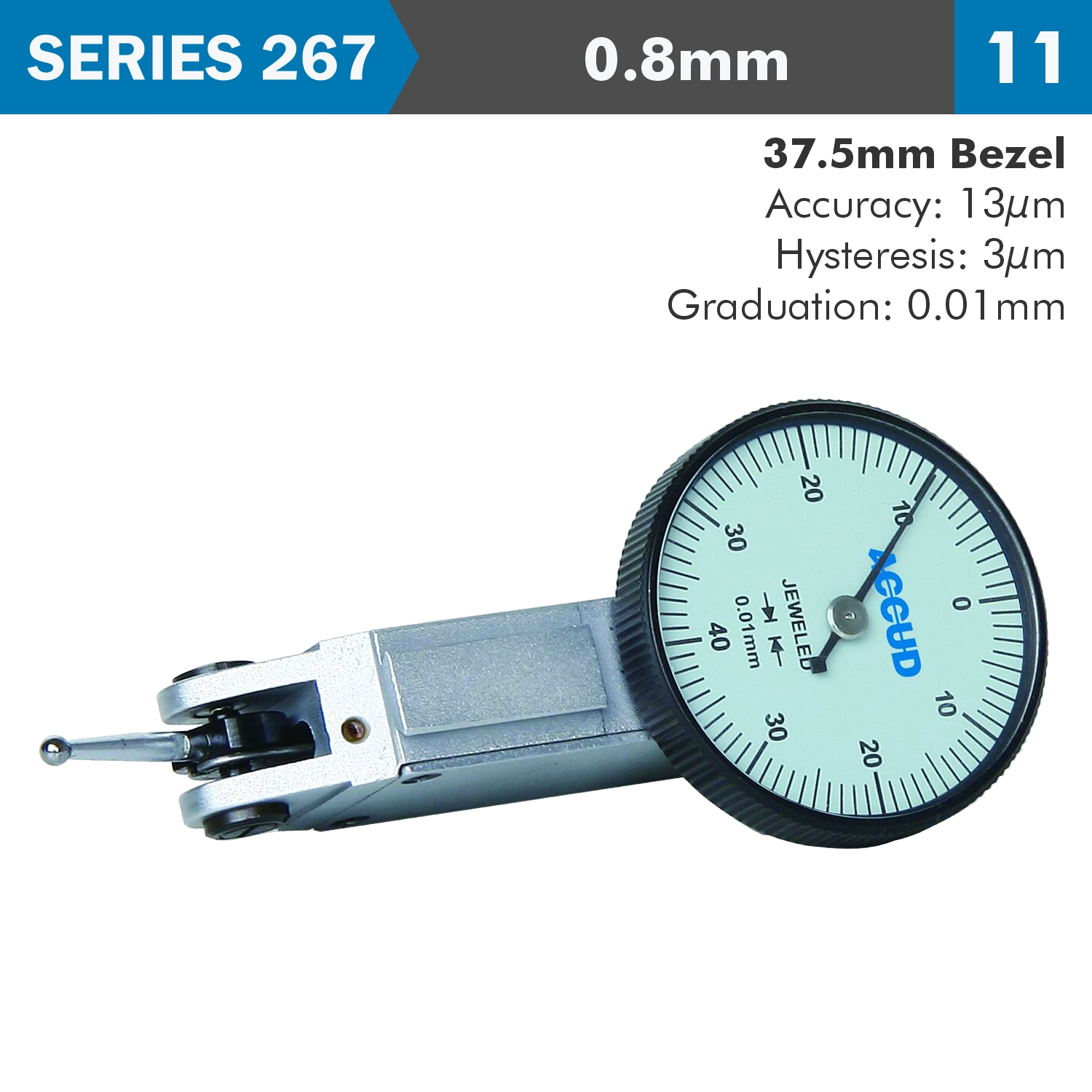 Dial Test Indicator 0.8mm Bezeld 0.013mm Acc. 0.01mm Grad