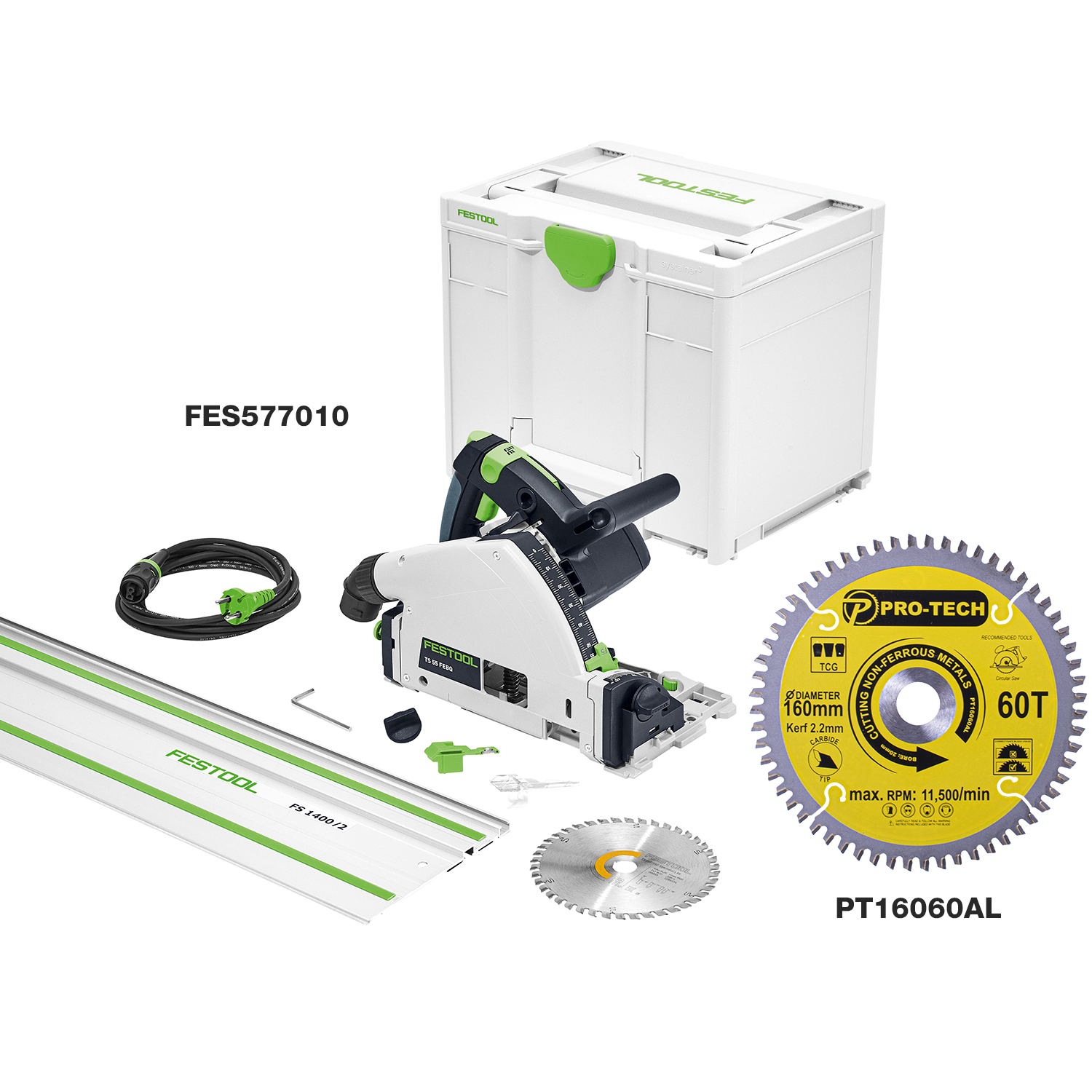 Festool TS 55 FEBQ-Plus-FS Plunge-Cut Saw Kit with Pro-Tech PT16060AL Aluminium Saw Blade
