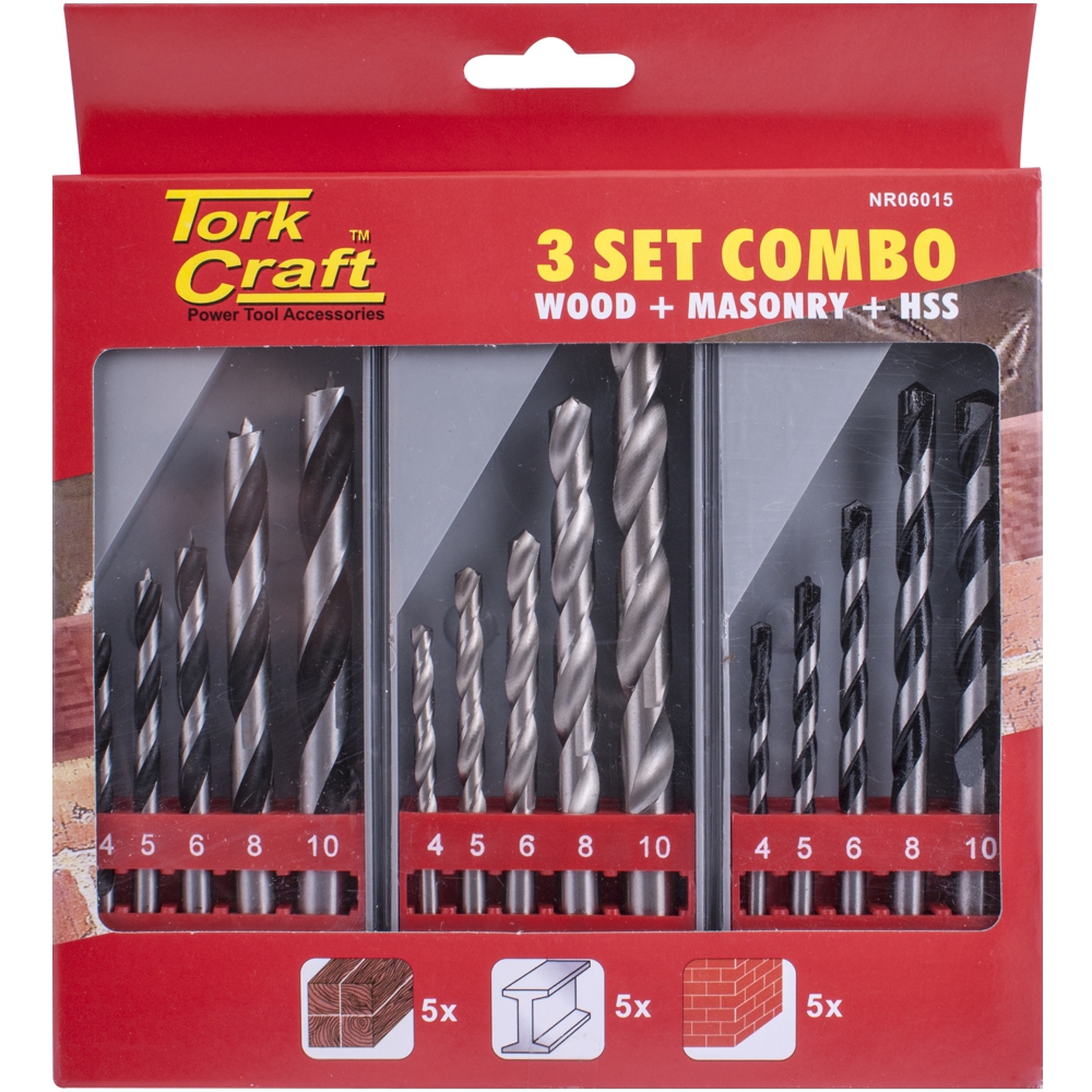 Drill Bit 3 Set Combo Wood + Masonry + Hss